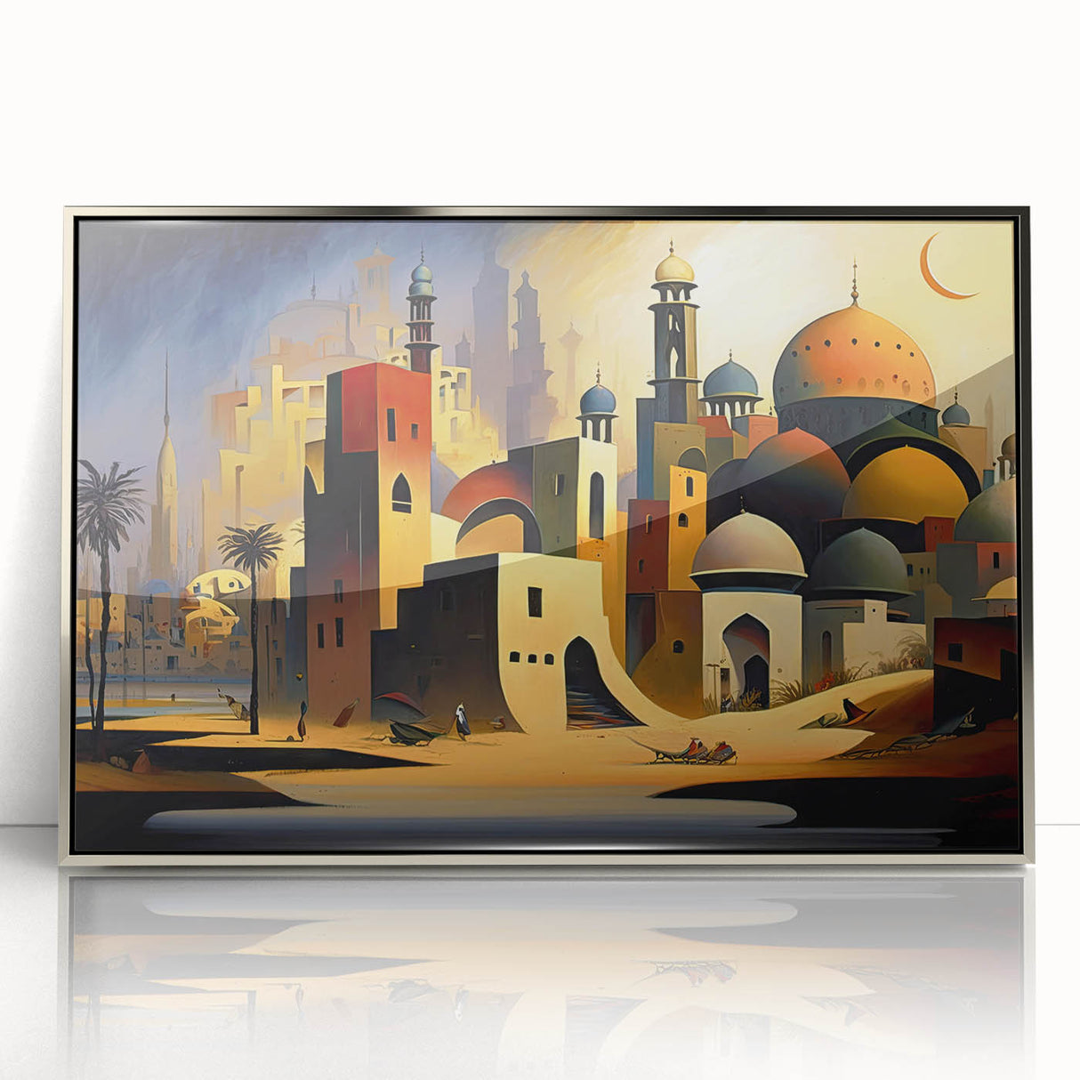 Mid-century modernist art depicting an abstract Iraqi landscape in muted earth tones on a framed acrylic print.