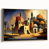 Vintage poster art of a Middle Eastern landscape on framed canvas, featuring muted gold and black tones.