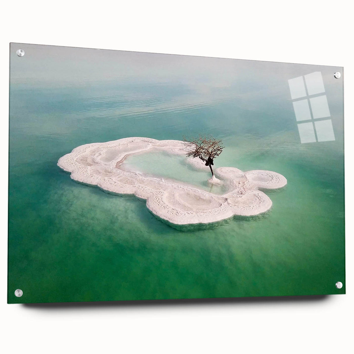 Acrylic print of the Dead Sea with soft blue and sandy tones, ideal for bedroom or dining room wall decor.