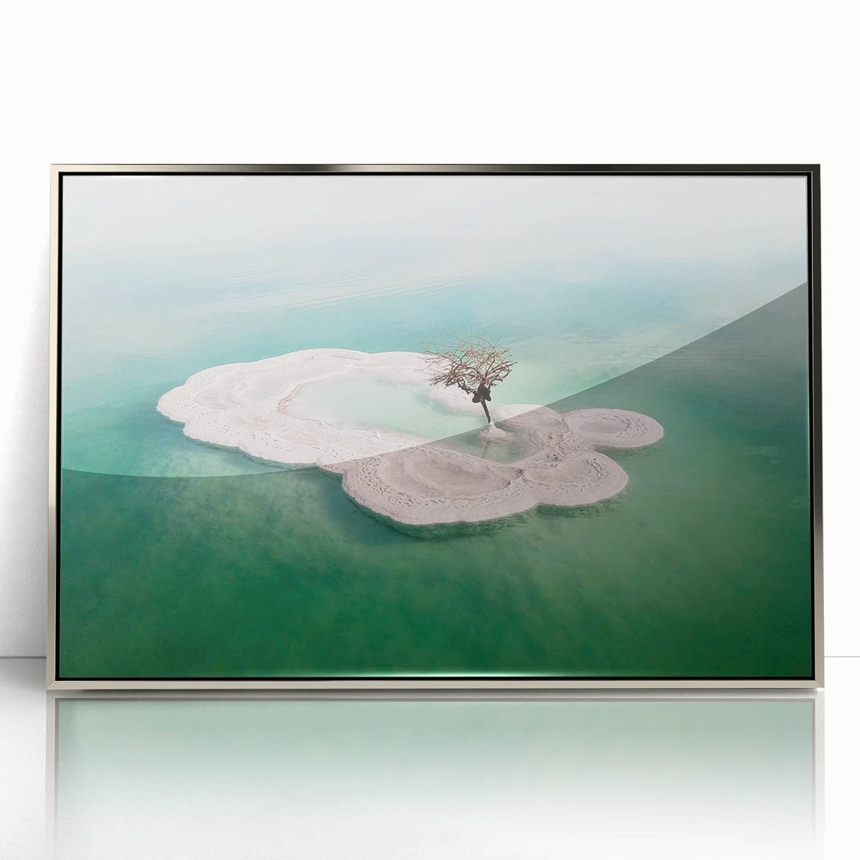 Mid-century modernist art of the Dead Sea in muted blue and silver tones, framed acrylic, suitable for modern art wall decor.