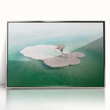 Mid-century modernist art of the Dead Sea in muted blue and silver tones, framed acrylic, suitable for modern art wall decor.