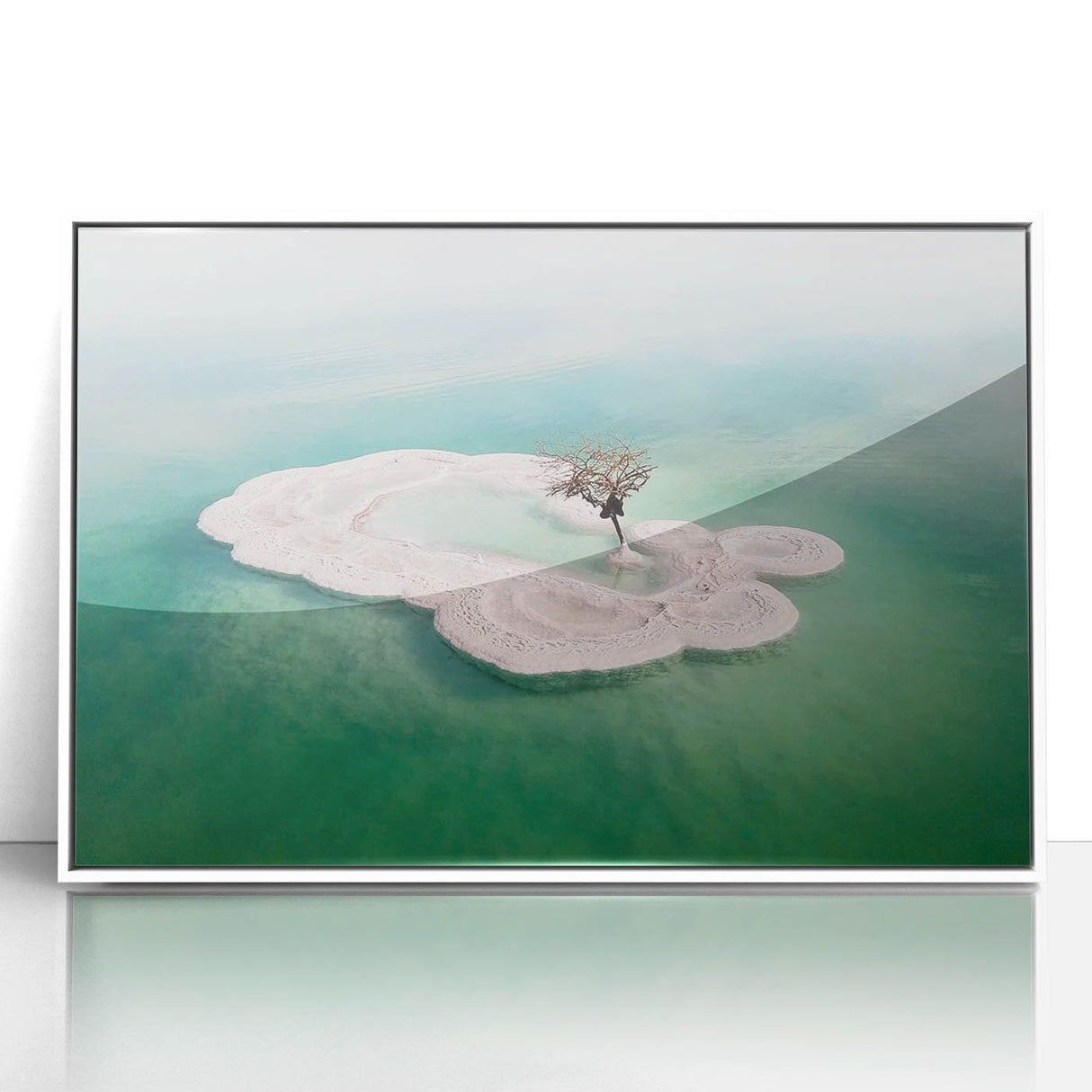 Art deco poster of the Dead Sea with serene blue and white hues on framed acrylic, ideal for modern nursery wall decor.