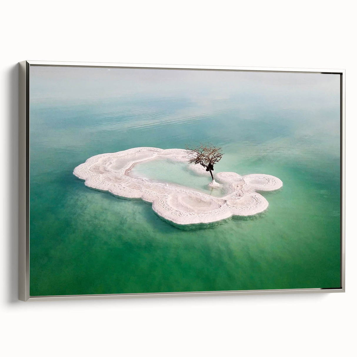 Framed canvas landscape art painting of the Dead Sea with muted blue and silver tones, ideal for a modern living room.
