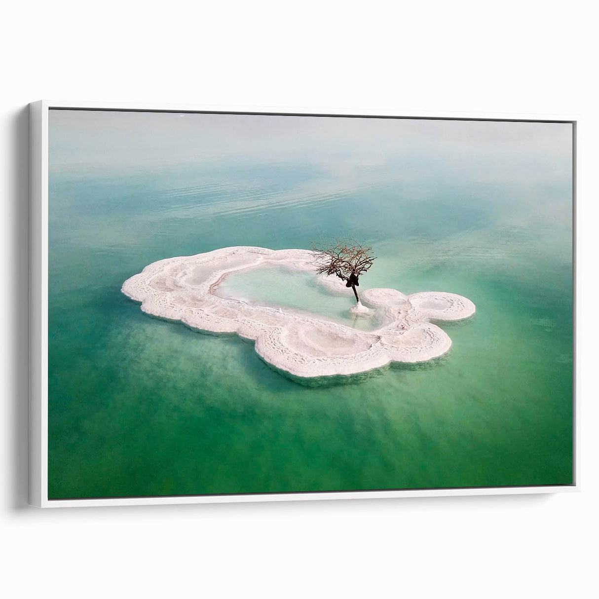 Vintage poster art of the Dead Sea in vibrant blues and whites on a framed canvas, ideal for living room decor.