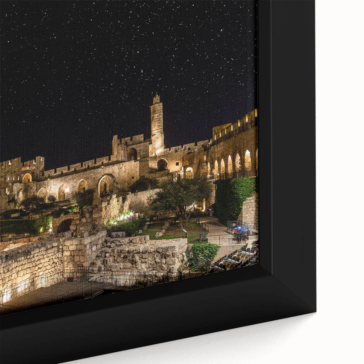 Extra large framed canvas featuring a textured depiction of Jerusalem in black with colorful accents.