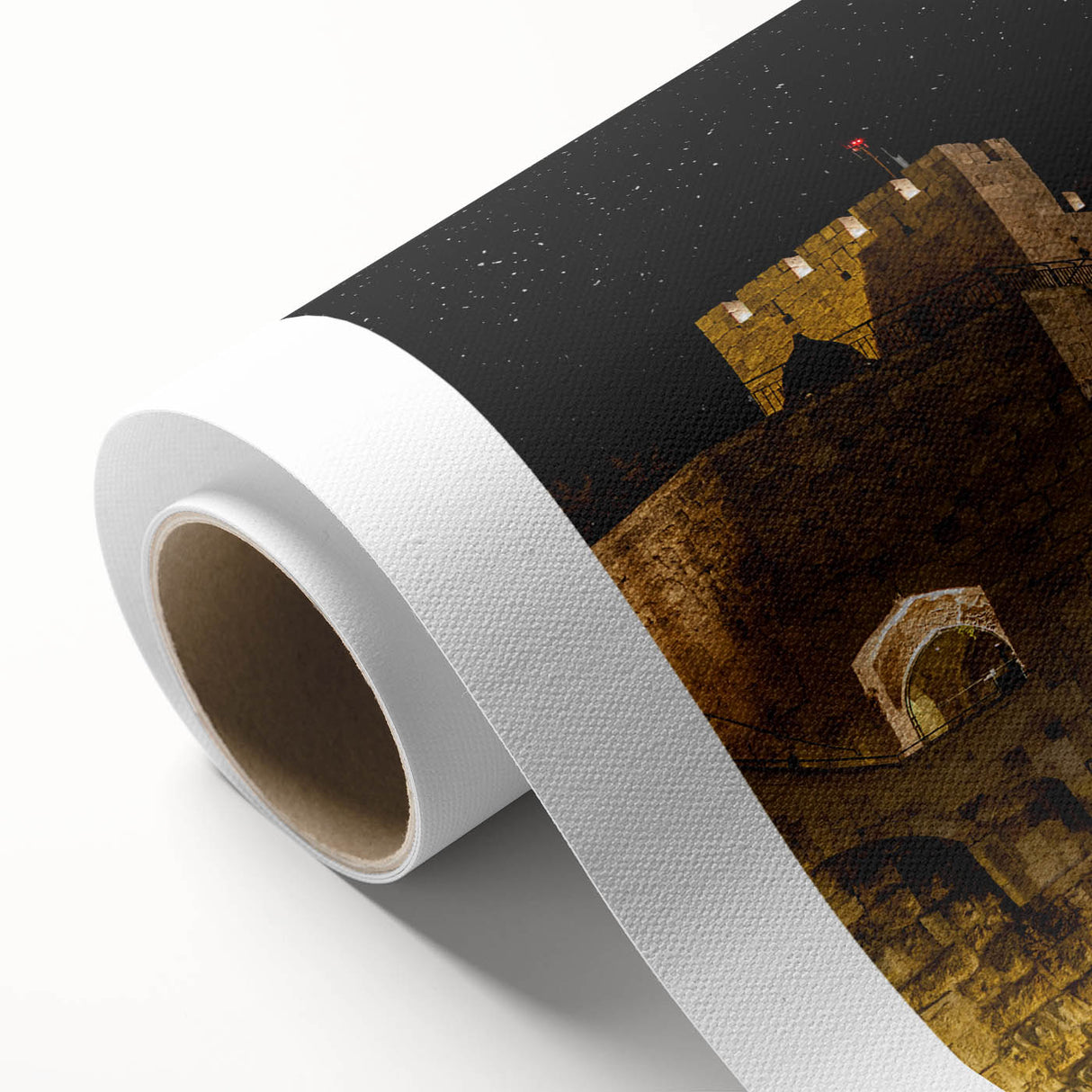 Art deco poster of Jerusalem skyline in muted gold and blue on rolled canvas.