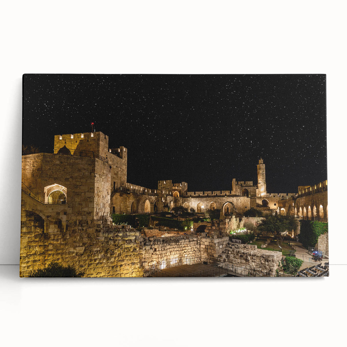 Black and white stretched canvas of Jerusalem skyline, ideal for kitchen wall art or bedroom ambiance.