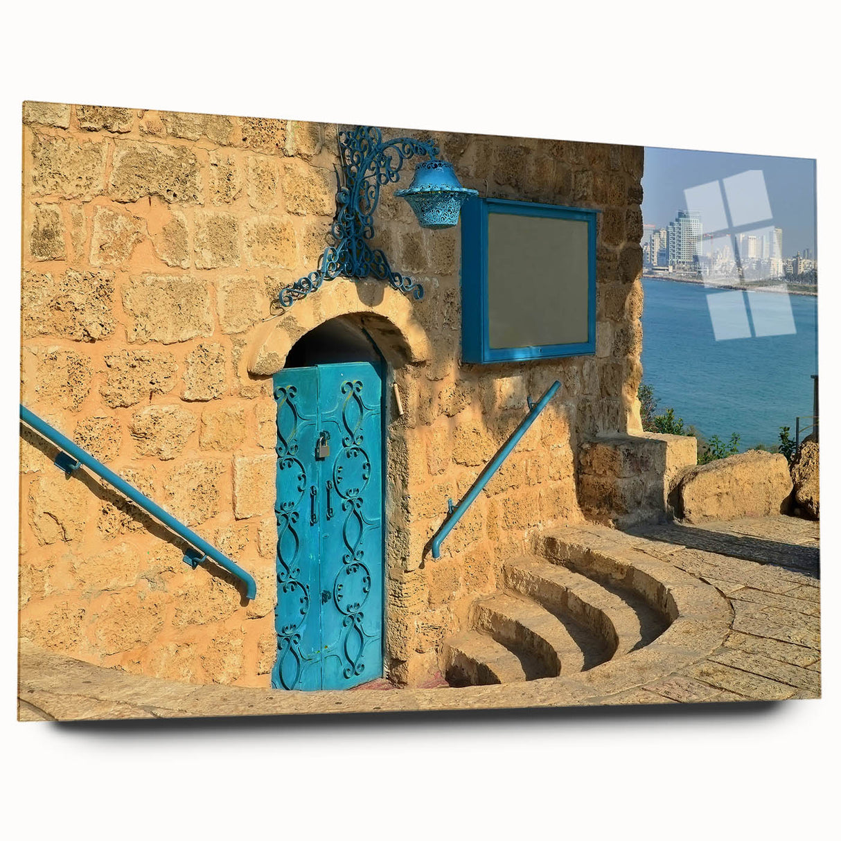 Large abstract wall art of Tel Aviv skyline in muted blue and gray tones on acrylic glass.