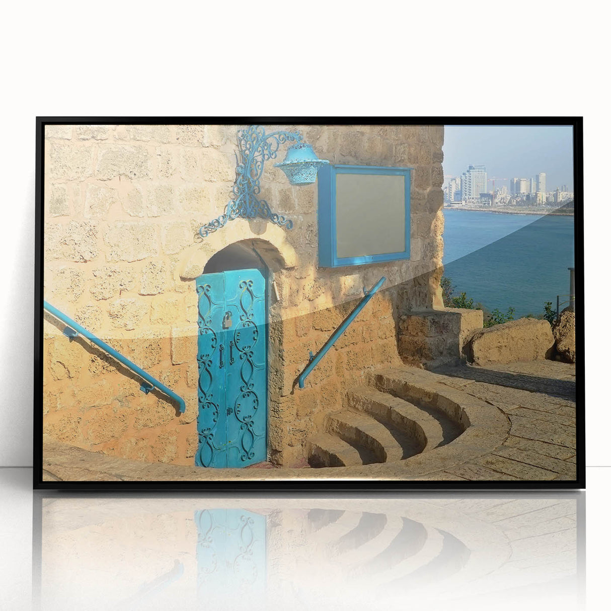 Large abstract wall art depicting the Tel Aviv skyline in muted gray tones on a framed acrylic print.
