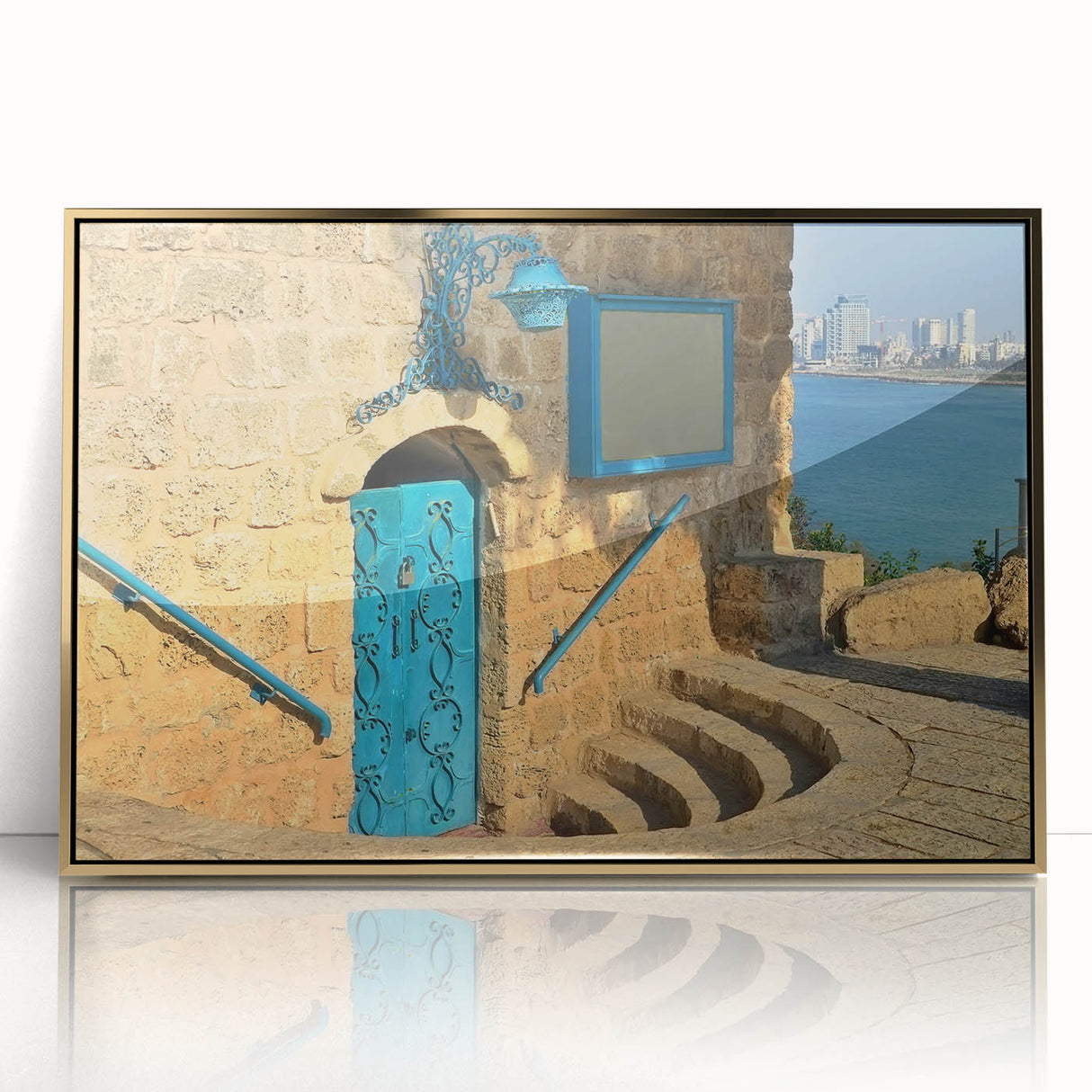 Mid-century modernist style large art print of Tel Aviv scenery with gold tones on a framed acrylic.