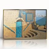 Mid-century modernist style large art print of Tel Aviv scenery with gold tones on a framed acrylic.