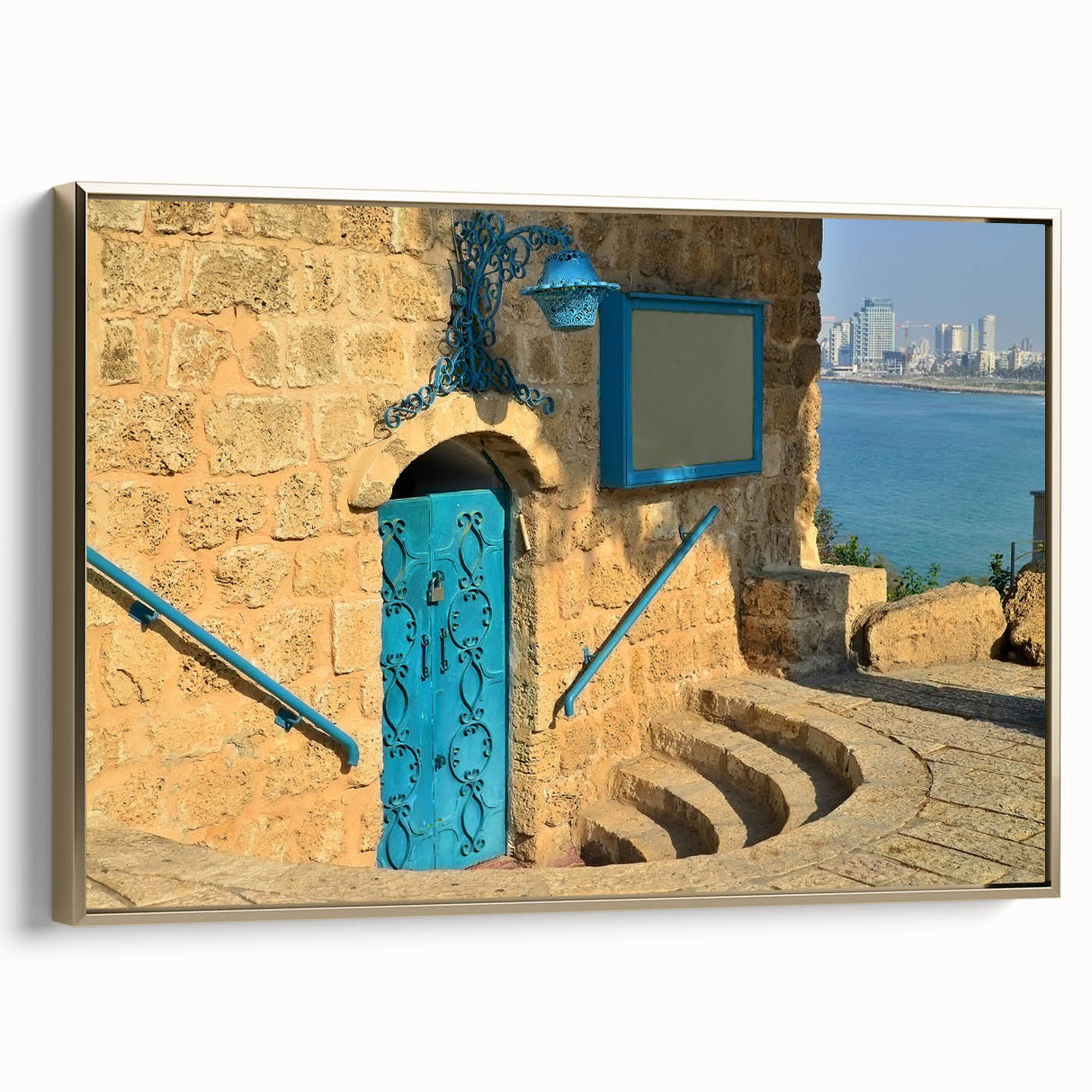 Vintage poster art of Tel Aviv landscape, featuring muted gold and black hues on a framed canvas.