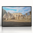 Large abstract wall art featuring a monochrome depiction of Middle Eastern scenery, presented in a black framed acrylic.