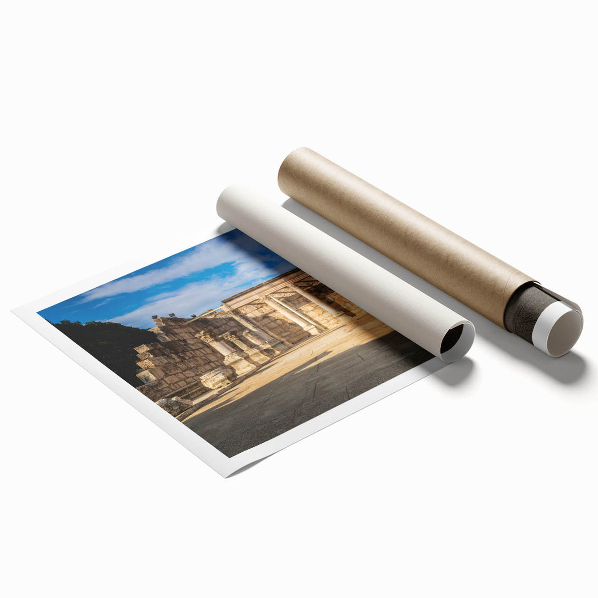 Extra large rolled print featuring a scenic Middle Eastern landscape with vibrant floral elements.