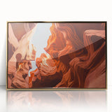 Mid-century modernist acrylic print of a Jordanian landscape in muted gold and blue tones, ideal for modern art wall decor.
