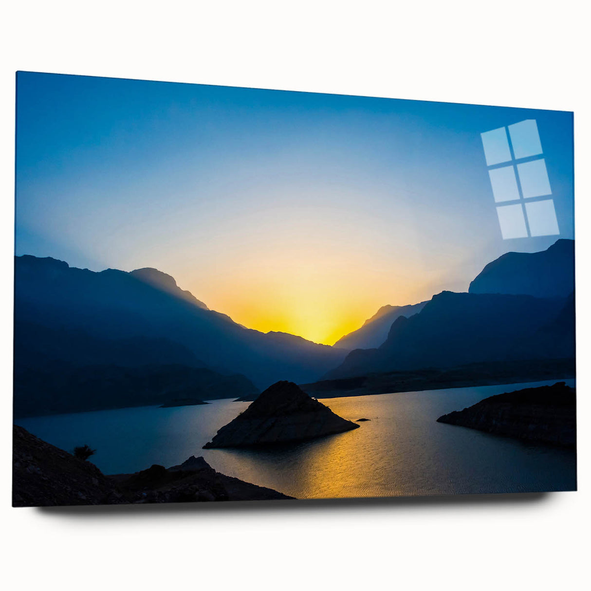 Large abstract depiction of an Omani landscape in neutral earth tones on acrylic glass.