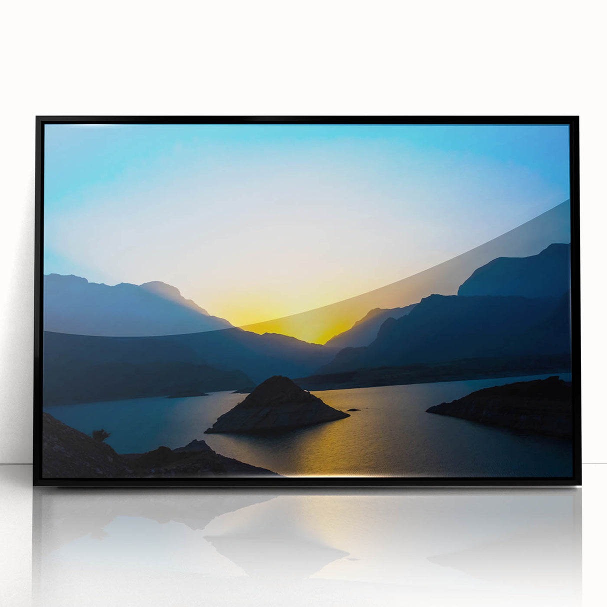 Large abstract wall art depicting a Middle Eastern landscape in muted earth tones, framed in black acrylic.