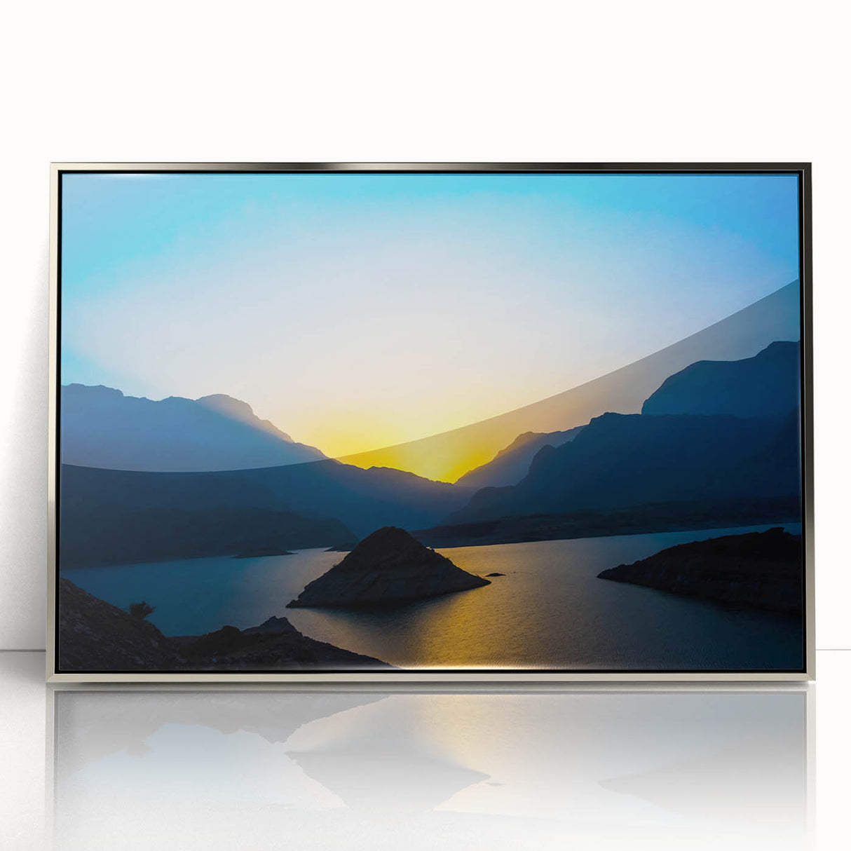Mid-century modernist art depicting a serene Omani landscape in muted earth tones on a silver-framed acrylic print.