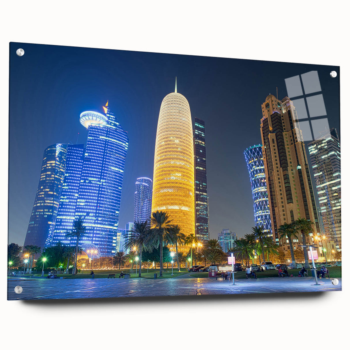 Acrylic print of a large abstract portrayal of the Qatar skyline in muted earth tones, ideal for dining room decor.