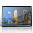 Large abstract wall art depicting Qatar's scenery in black and white tones on a framed acrylic.