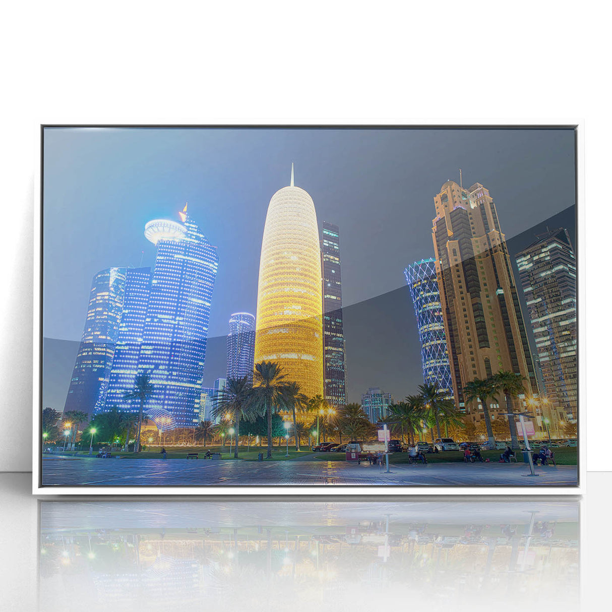 Art deco style poster of Qatar scenery in muted gold and white tones, acrylic framed.