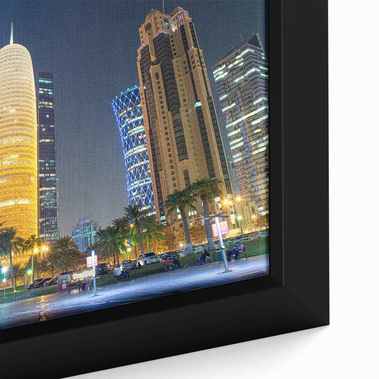 Extra large framed canvas featuring a textured depiction of a Middle Eastern scene in vibrant.