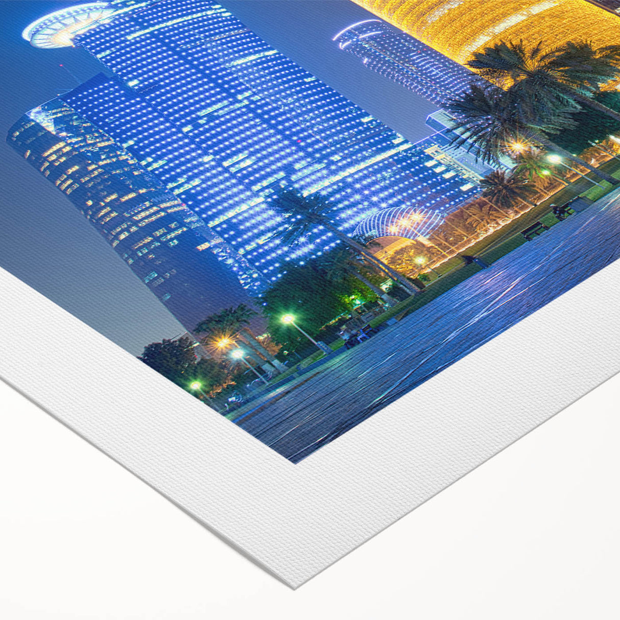 Art deco poster depicting the Qatar skyline in muted gold and blue tones on a rolled canvas, suitable for dining room decor.