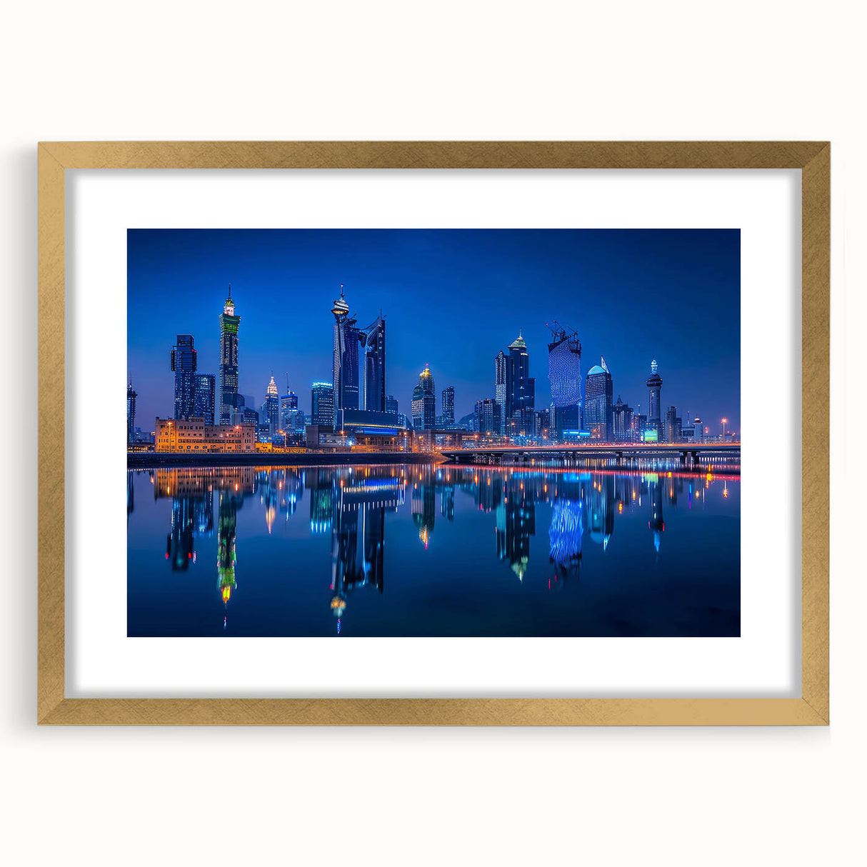 Extra large abstract art print depicting a textured Middle Eastern scenery in gold and earth tones, framed with mat.