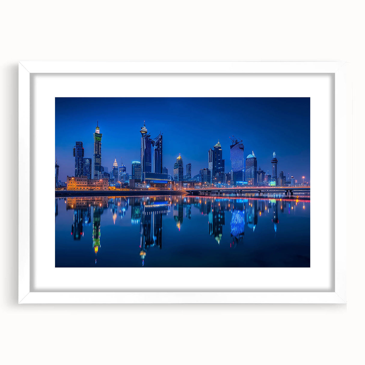 Abstract art print depicting a stylized Saudi Arabian landscape in earth tones, framed in white, ideal for dining room decor.