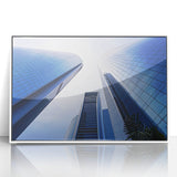 Acrylic print of Abu Dhabi skyline in art deco style with muted gray and blue tones, suitable for modern art wall decor.