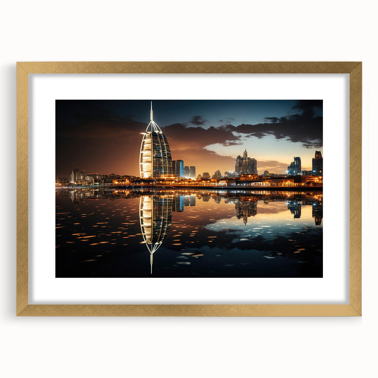 Extra large wall art featuring an abstract print of Emirates Burj Al Arab in textured gold and white tones on a framed…