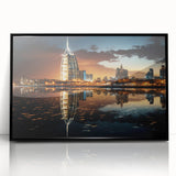 Large abstract wall art featuring the Burj Al Arab in muted blue tones on a framed acrylic.