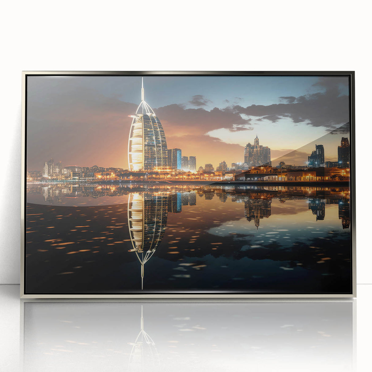 Mid-century modernist art depicting the Burj Al Arab in muted silver and gray tones on a framed acrylic print.