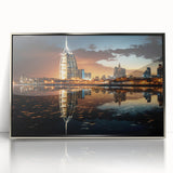 Mid-century modernist art depicting the Burj Al Arab in muted silver and gray tones on a framed acrylic print.