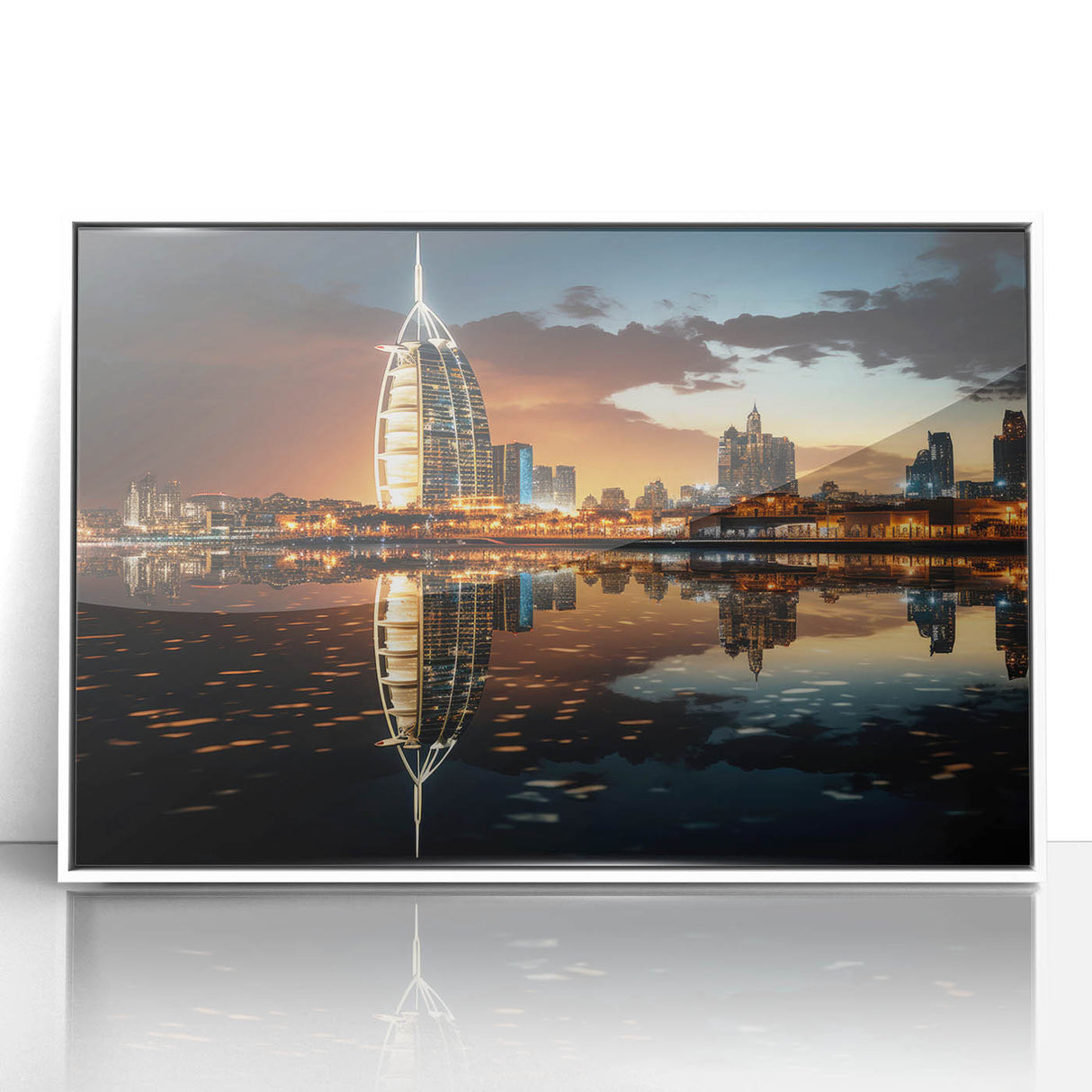 Art deco poster of Burj Al Arab in muted blue and white tones on framed acrylic, suitable for modern art wall decor.