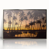 Mid-century modernist art depicting a serene Fiji beach scene, in acrylic with a silver frame.