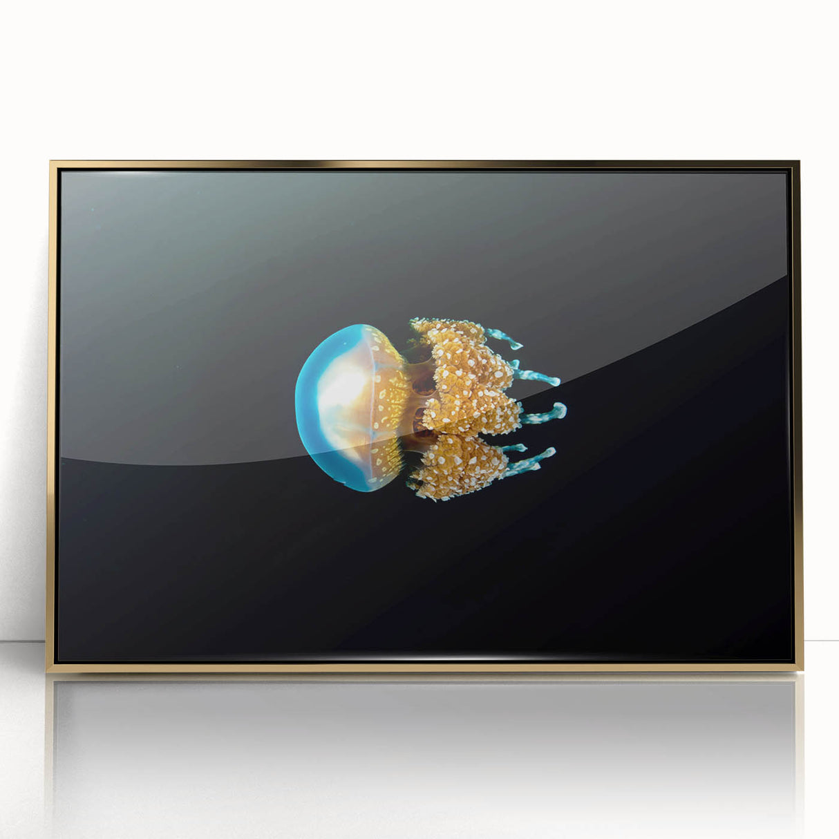 Large art print of a mid-century modernist oceanic scene in gold tones on acrylic, ideal for modern nursery wall decor.