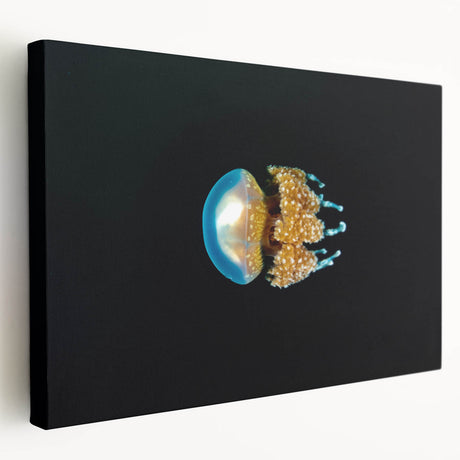 Side view of a stretched canvas depicting an oceanic Micronesian scenery in soft blue and green hues.