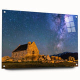 Large abstract wall art of Canterbury, New Zealand scenery on acrylic glass, in cool blue and green tones.