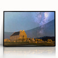 Large abstract wall art depicting a serene New Zealand Canterbury landscape in muted earth tones, framed in black acrylic.