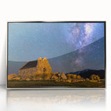 Mid-century modernist art depicting a serene Canterbury, New Zealand landscape in muted earth tones.