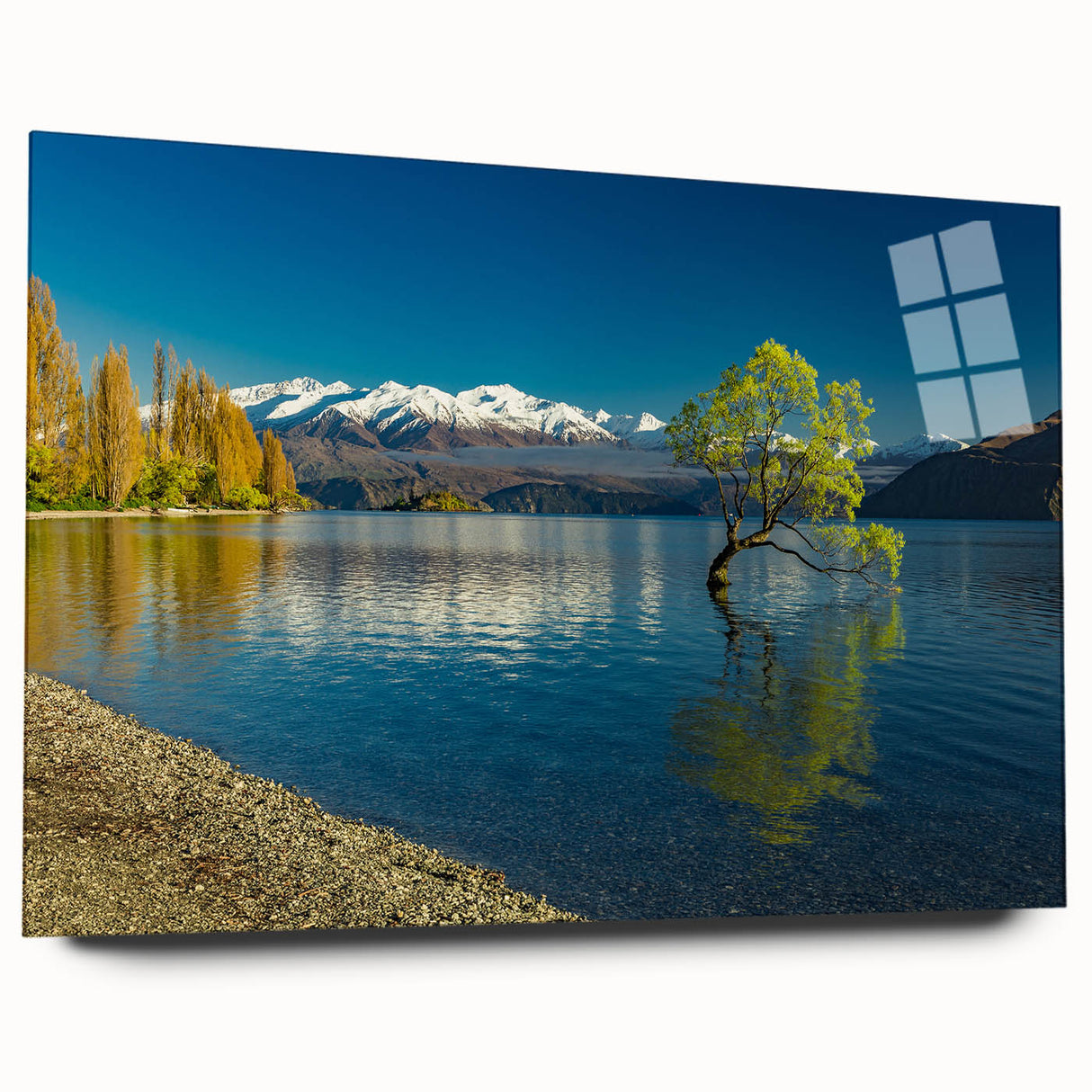 Large abstract wall art of Otago, New Zealand scenery on acrylic glass, featuring cool blue and green shades.