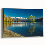 Landscape art painting of Otago, New Zealand in muted colors on a silver-framed canvas, suitable for office decor.