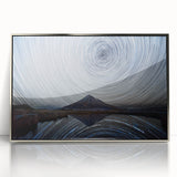 Mid-century modernist art depicting Taranaki, New Zealand, in muted earth tones on a silver-framed acrylic print.
