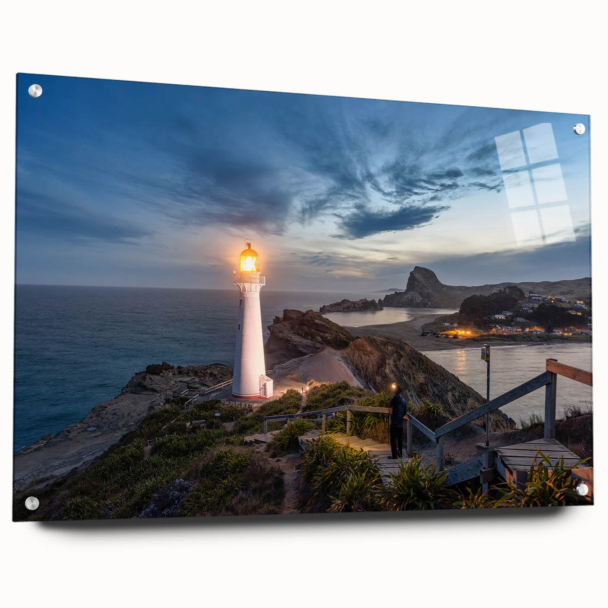 Acrylic glass print of Wellington, New Zealand, featuring vivid ocean and cityscape hues, ideal for dining room decor.