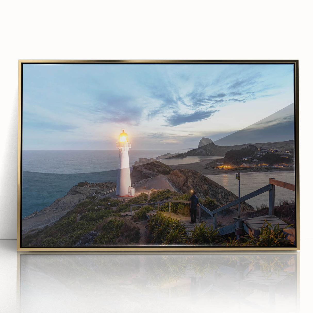 Art deco poster of Wellington skyline in gold and black tones on a framed acrylic.