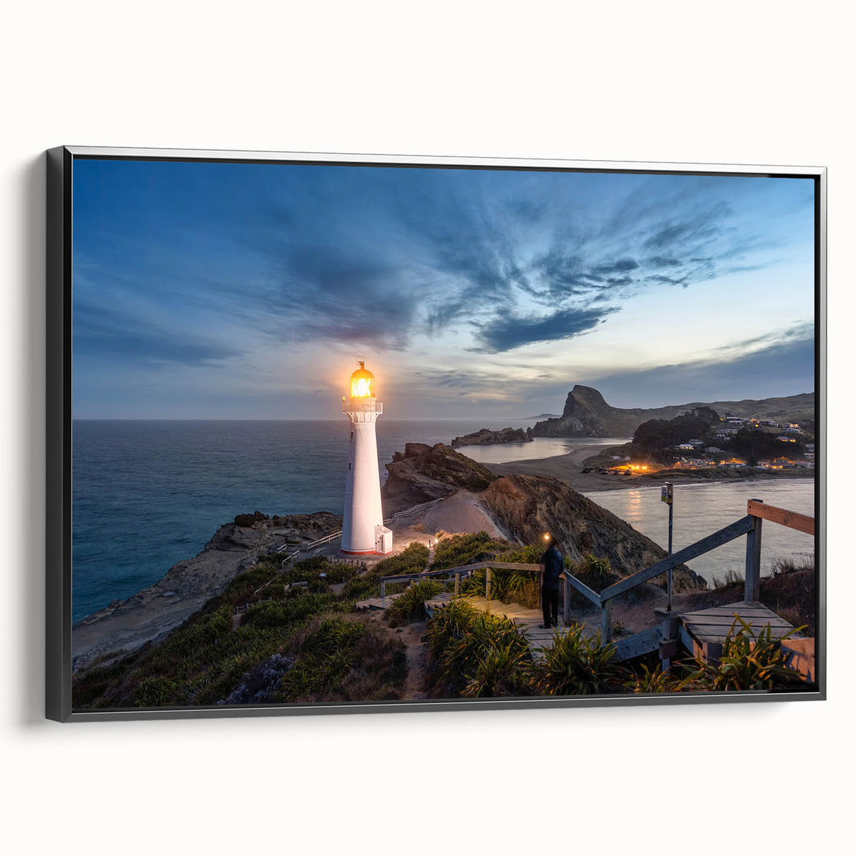 Black and white landscape art painting of Wellington, New Zealand on framed canvas, ideal for bedroom wall decor.