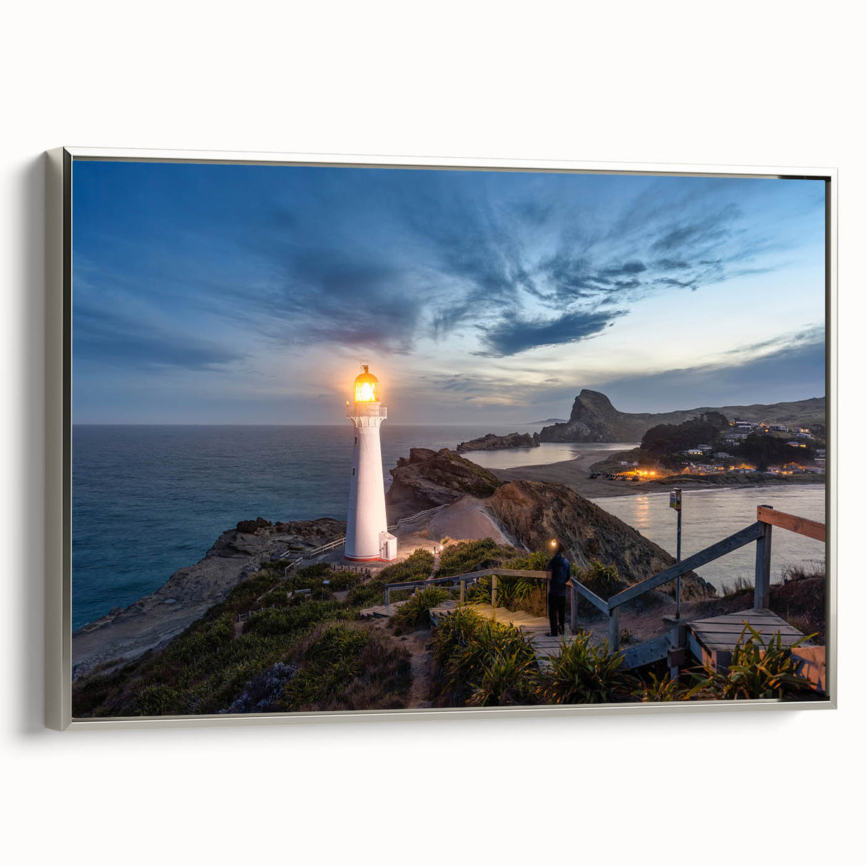 Landscape art painting of Wellington, New Zealand, featuring a colorful vintage poster art style on a black framed canvas.
