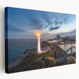 Side view of a stretched canvas depicting the Wellington, New Zealand skyline in muted blue and green tones.