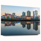 Large abstract wall art of Buenos Aires in muted blues and greens on acrylic glass, ideal for bedroom or dining room decor.